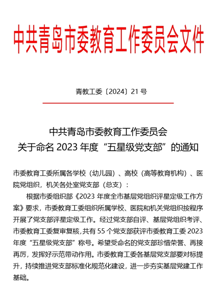 白菜官网四个党支部荣获青岛市委教育工委2023年度“五星级党支部”称号